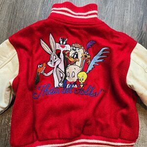 Vintage Varsity Jacket Looney Tunes Wool Leather Warner Bros Kids XS Embroidered